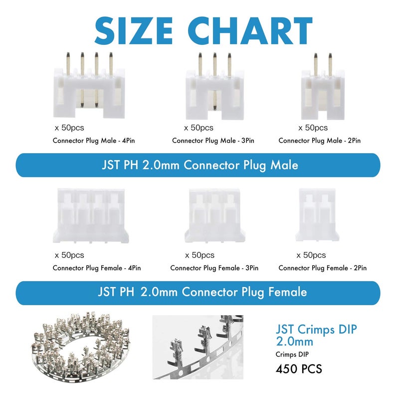CQRobot JST PH 2.0 mm Pitch 2-Pin/3-Pin/4-Pin Electronic Connector IC Male Plugs, Female Sockets Housing and T-Shaped Crimp Terminal Kit. 150 Sets/750 Pieces Wire-to-Board Adapter Cable Assembly. - Image 2